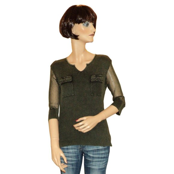NWT Women’s Olive Green Lightweight 3/4 Crochet Sleeve Cardigan Pullover Sweater - Picture 1 of 6